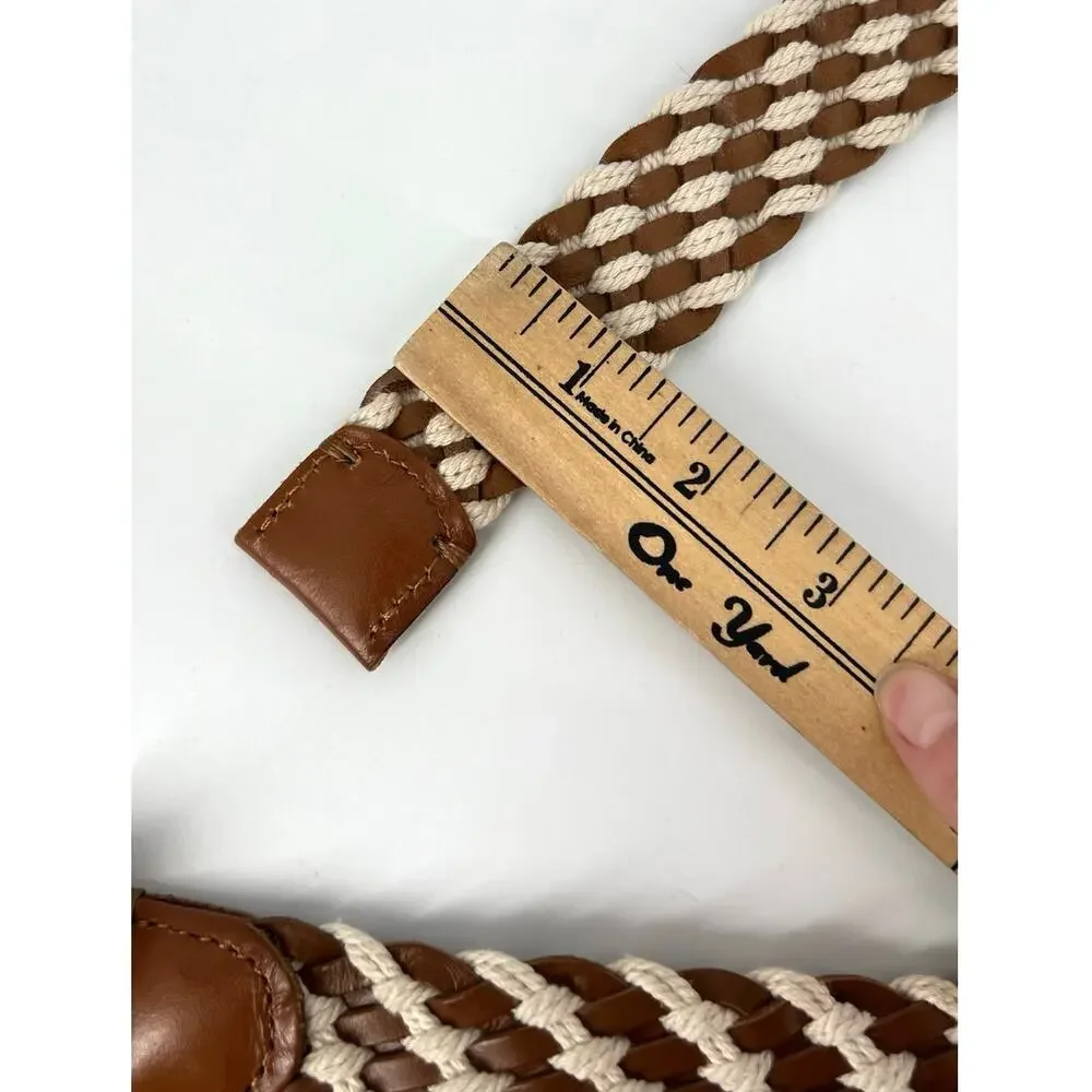 J.Crew Braided Rope & Leather Belt Size S Woven Nautical Gold Buckle Brown Cream - Picture 5 of 7